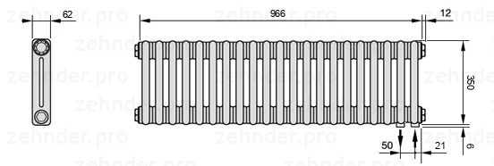 Схема (чертеж) Радиатор Zehnder Charleston 2035/21 №5510 Белый глянцевый RAL 9016